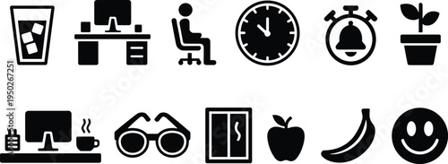 daily routine icons set, drink desk chair clock alarm plant workspace glasses window apple banana smile lifestyle symbols