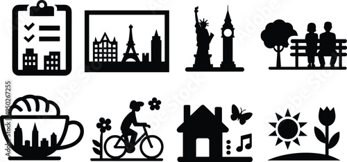 city lifestyle icons set, travel landmarks park bench coffee bicycle home music sun flower symbols, urban living silhouette illustration collection