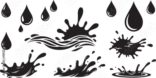 A diverse collection of black liquid drops, water splashes, and dynamic wave patterns isolated on a pure white background.