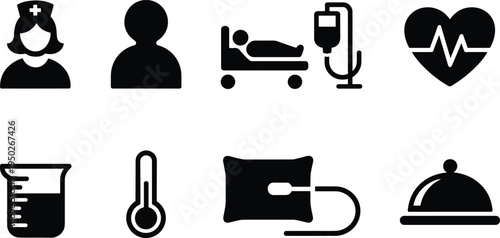 Medical healthcare hospital nurse patient bed blood bag heart monitor thermometer emergency treatment vector icon set collection