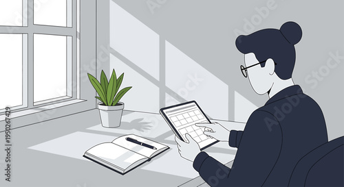 Focused individual utilizing a digital tablet for efficient schedule management and task organization in a tranquil, sunlit home workspace