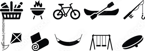 Outdoor, camping, recreation, icons, set, including, picnic, barbecue, bicycle, canoe, fishing, kite, hammock, swing, skateboard, adventure, leisure, silhouette, symbol, collection
