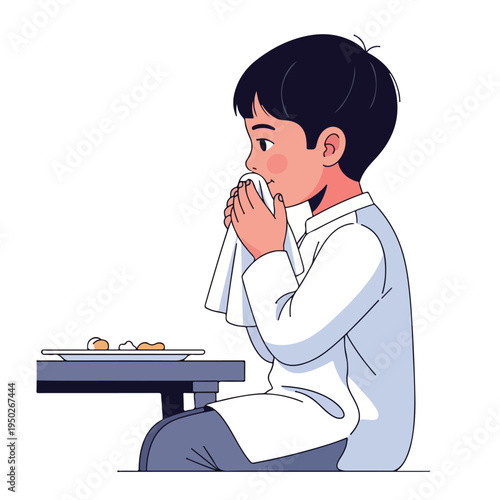 Boy blowing nose at table with food in front of him