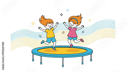 Two happy young girls jump high and play on a blue trampoline against a whimsical background with colorful wavy lines and sparkling stars.