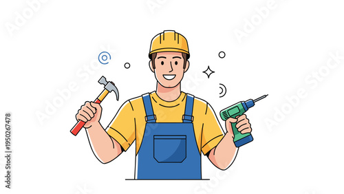 Friendly male construction worker in a yellow hard hat and blue overalls smiles while holding a hammer and a green power drill for work.