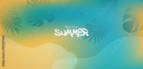 Hello Summer Tropical Poster with Vibrant Gradient Background and Exotic Leaf Silhouettes