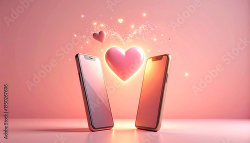 2台のスマートフォンと浮かぶハートのシンプルで柔らかな3D風イラスト