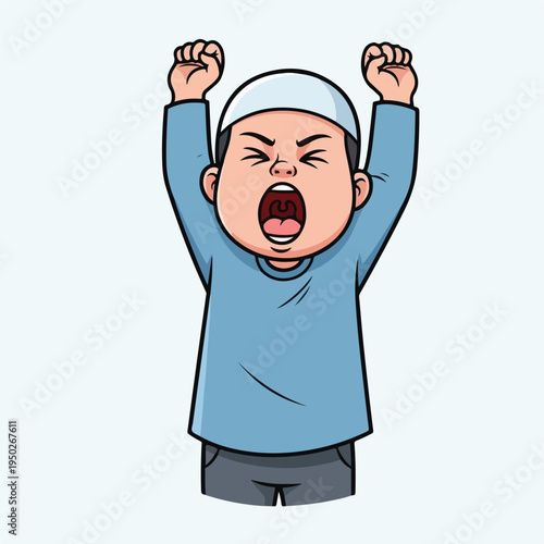Angry cartoon boy with fists raised in frustration or excitement