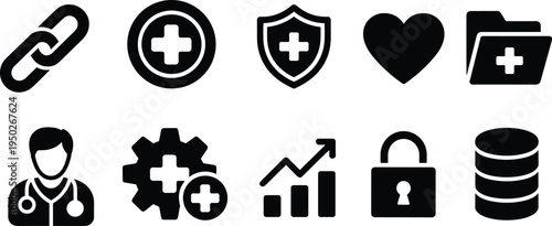 Medical healthcare icon set, hospital doctor health protection symbols, pharmacy cross shield heart database security vector illustration collection
