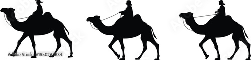 Camel Rider Silhouette Set, Desert Caravan Journey Illustration, Traditional Arabian Travel and Nomad Culture Concept