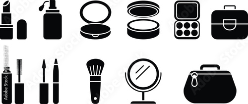 Makeup and cosmetics icons set, lipstick mascara powder mirror brush bag beauty salon tools collection