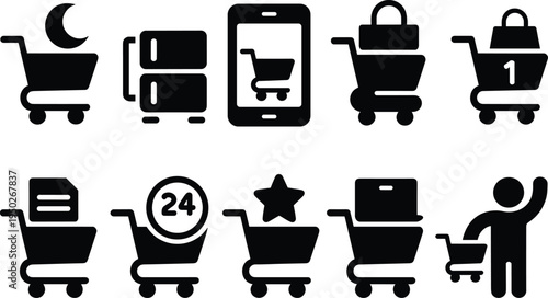 Online shopping cart icons set, ecommerce mobile app, delivery cart, 24 hour service, customer purchase vector glyph symbols
