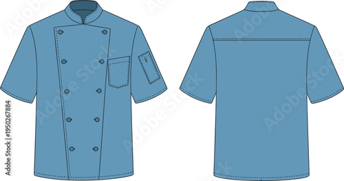 Professional chef uniform jacket vector, blue short sleeve cook coat template for restaurant and cafe apparel