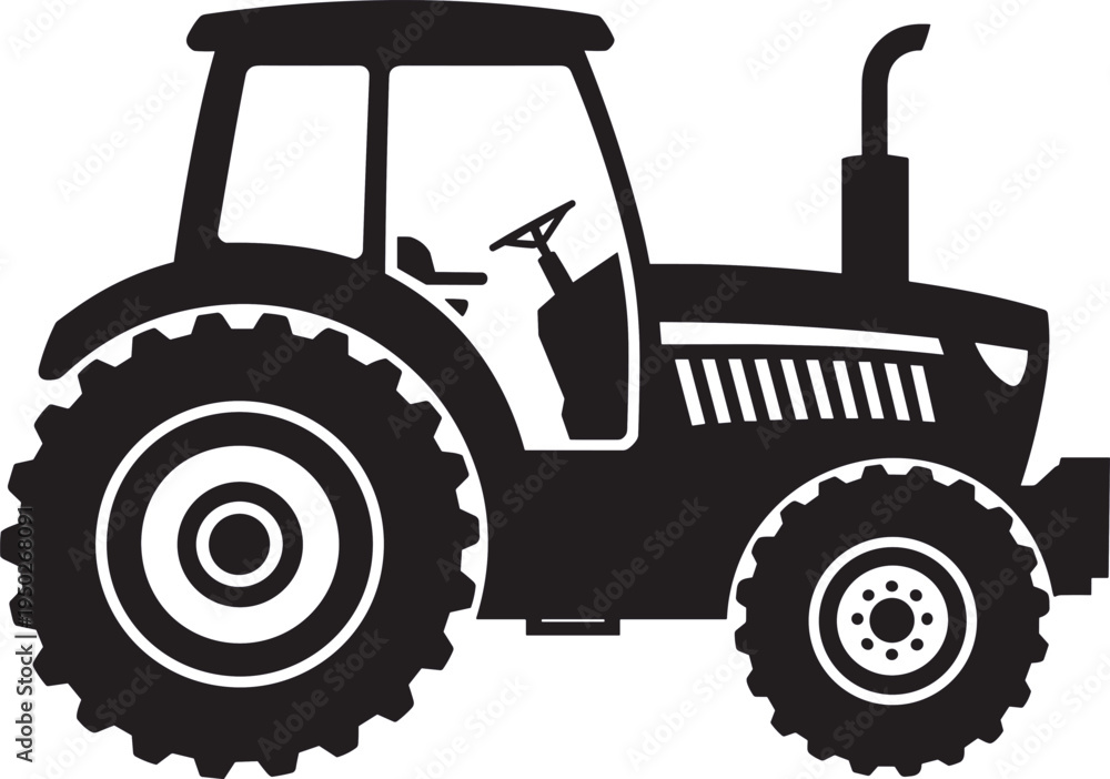 Obraz premium Agricultural tractor silhouette icon, farming vehicle illustration for agriculture equipment, rural farm machinery symbol isolated for logo, infographic, transport and farming industry design