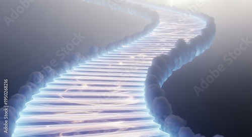 Illuminated pathway ascends through ethereal mist bordered by soft cloud formations