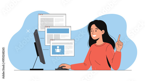 Happy young woman points her finger up while working on a desktop computer with several browser windows open against a light blue background.