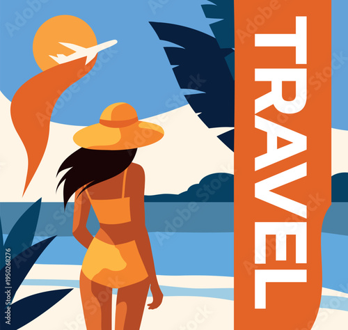 Summer vacation. Woman girl in hat and swimsuit on vacation, view from the back, stands on the beach of azure coast looks into the distance of the horizon. Vector illustration for tourism projects
