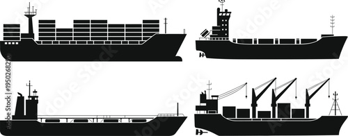 Cargo container ship silhouettes set, maritime transport and industrial shipping vessels vector illustration isolated on white