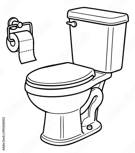 Outline illustration of toilet with paper roll depicting bathroom fixture for plumbing and home design