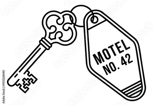 Outline illustration of vintage motel key and tag depicting hospitality and accommodation for travel design