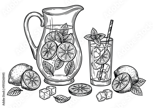 Engraving illustration of lemonade pitcher and glass depicting fresh citrus beverage for food and drink design
