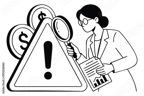Line art illustration of businesswoman with magnifying glass examining warning sign and financial documents for risk assessment and audit design