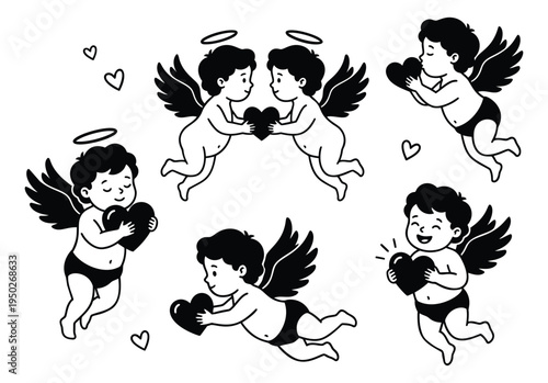 Cartoon illustration set of 6 cupid characters featuring flying angels holding hearts for valentine and romance design