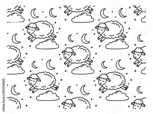 Sketch style seamless pattern featuring jumping sheep, clouds and moons for sleep and bedtime design
