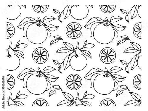 Outline seamless pattern featuring oranges and citrus slices with leaves for fresh fruit design