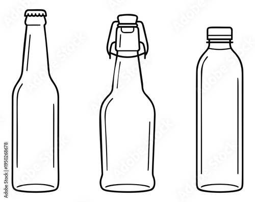 Outline icon set of 3 beverage containers featuring beer bottle, swing top bottle and screw cap bottle for packaging design