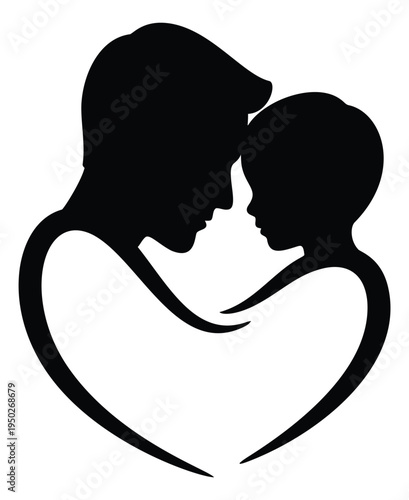 Silhouette illustration of mother and child embracing depicting maternal bond for family and parenting design