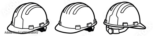 Outline icon set of 3 safety helmets featuring construction hard hats from different angles for industrial design