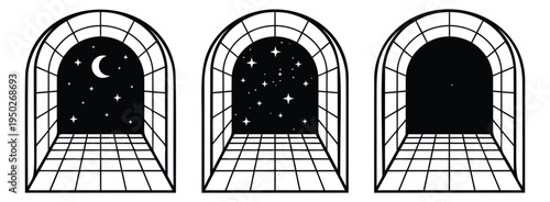 Line art icon set of 3 perspective archways featuring night sky and moon phases for mystical design