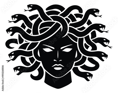 Bold silhouette illustration of Medusa head depicting mythological Gorgon with snake hair for fantasy design