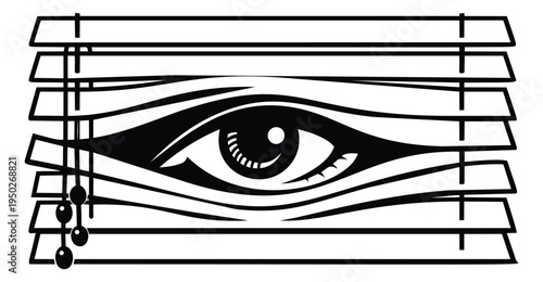 Bold silhouette illustration of eye behind window blinds depicting privacy surveillance concept for security design