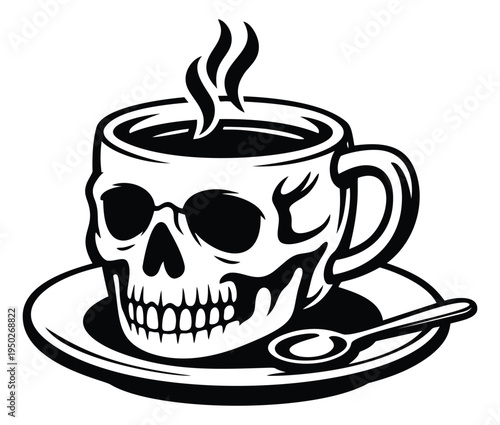 Bold silhouette illustration of skull coffee cup depicting steaming beverage on saucer for edgy cafe and coffee culture design