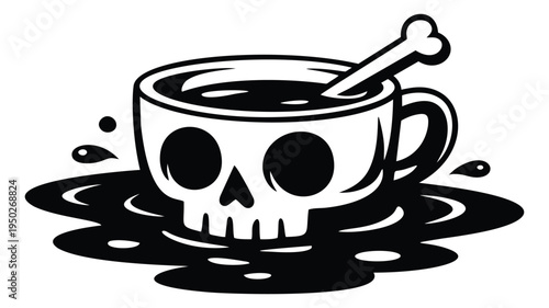 Bold cartoon illustration of skull coffee cup with spilled liquid depicting dark humor beverage for halloween and novelty design