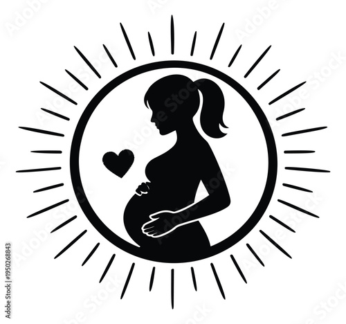Silhouette illustration of pregnant woman with heart symbol depicting maternity and wellness for healthcare design