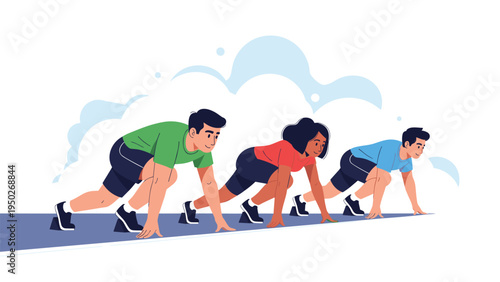 Group of three diverse athletes in starting positions on a running track, showing intense focus and preparation for a competitive race event.