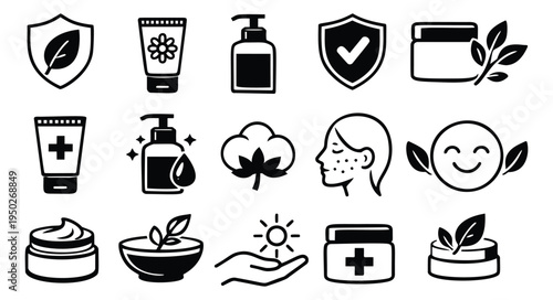 Outline icon set of 15 natural cosmetics symbols featuring organic skincare, botanical ingredients and dermatology concepts for beauty design
