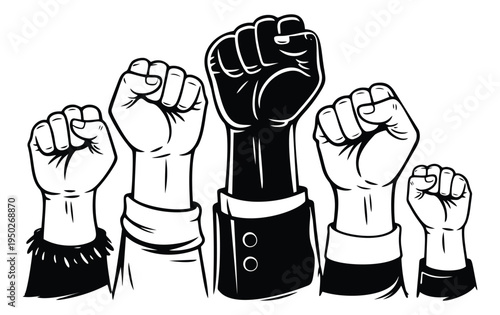 Cartoon illustration of five raised fists depicting solidarity and protest for activism and social justice design