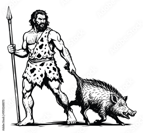 Engraving illustration of prehistoric caveman with wild boar depicting ancient hunter for historical and primitive culture design