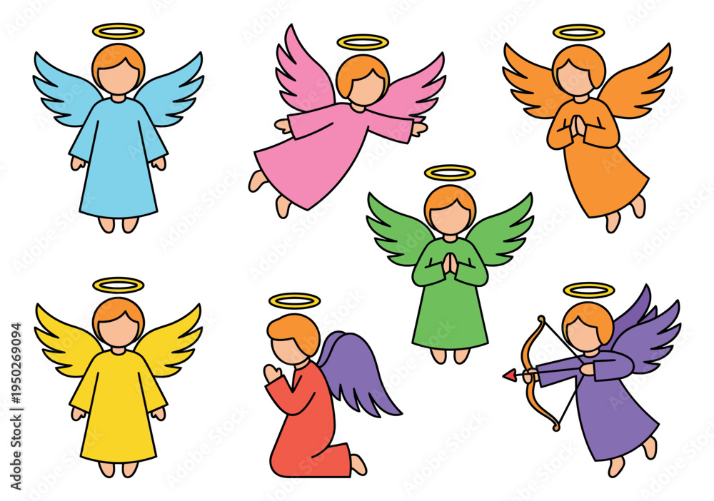 Obraz premium Cartoon icon set of 7 angels featuring colorful wings and halos in various poses for religious and Christmas design