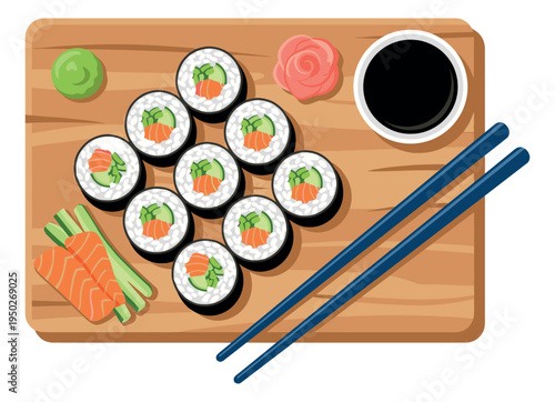 Flat illustration of sushi platter depicting Japanese cuisine with rolls, salmon and condiments for food design