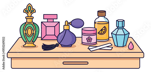 Cartoon illustration of perfume bottles on vanity table depicting cosmetic collection for beauty and fashion design