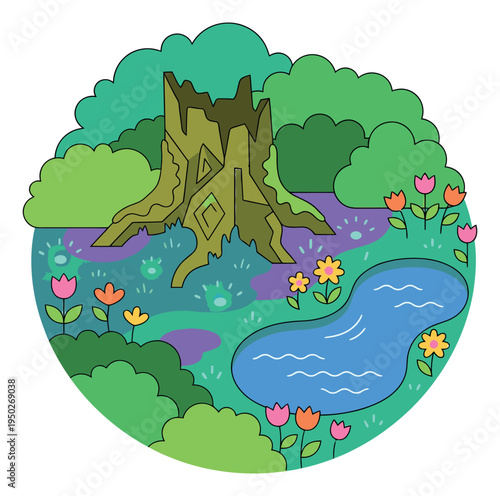 Cartoon illustration of natural garden scene depicting tree stump with pond and flowers for nature design