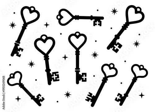 Outline icon set of 7 vintage keys with heart shaped tops and decorative stars for romantic design