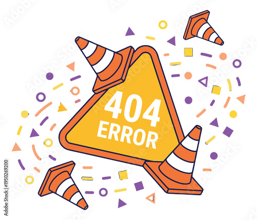 Cartoon illustration of 404 error warning sign with traffic cones depicting page not found for web design
