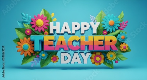 Cheerful 3D Happy Teacher Day Greeting with Vibrant Flowers and Foliage