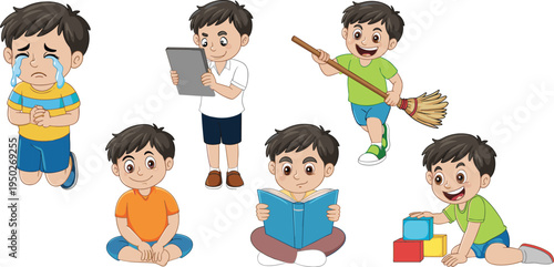 Cartoon boy emotions and activities set, happy sad reading cleaning playing vector illustration isolated on white